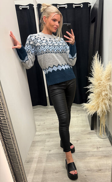 FREEQUENT Merla pullover - grey w. moonlit ocean