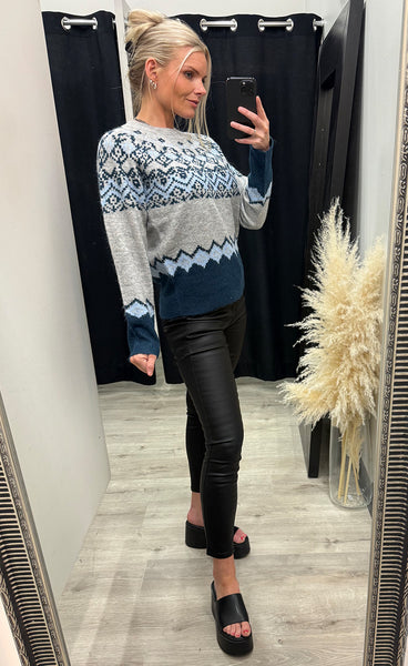 FREEQUENT Merla pullover - grey w. moonlit ocean
