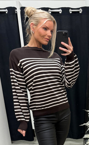 ICHI Luls boat neck - chocolate torte/oatmeal stripe