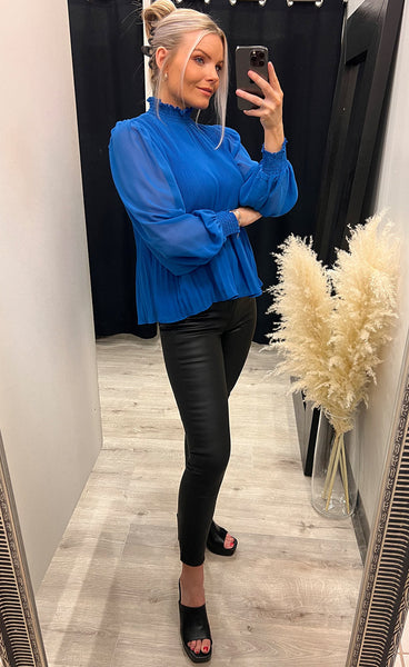 Mia high neck smock blouse - blue