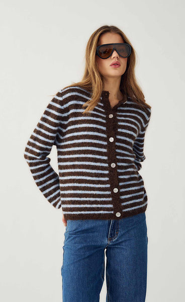 N-Mertice knit cardigan - brown blue stripe