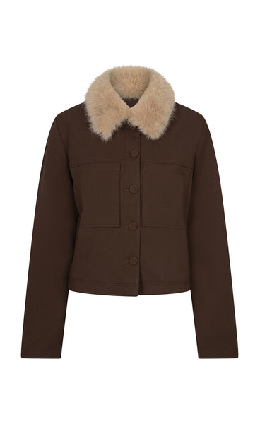 RED BUTTON Fur collar jacket - brown