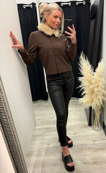 RED BUTTON Fur collar jacket - brown