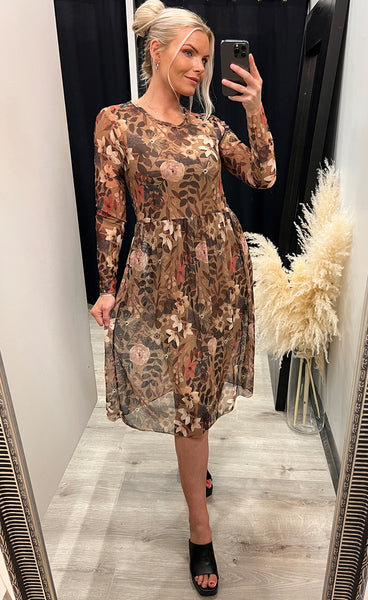 Zoe kjóll - floral/taupe