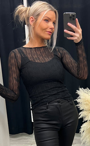 Swirl mesh top - black