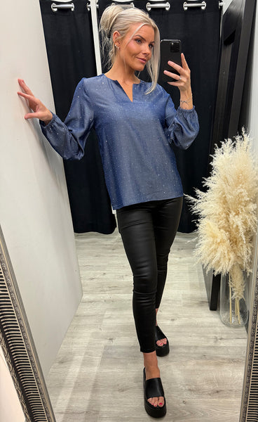 Yukka rhinestone blouse 1 - denim blue
