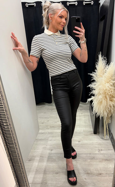 Leyna polo top - sugar grey stripe