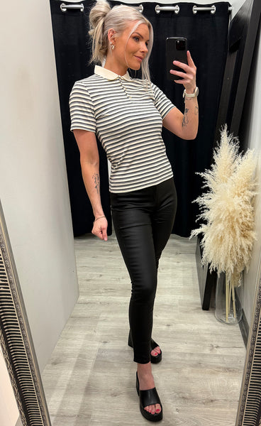 Leyna polo top - sugar grey stripe