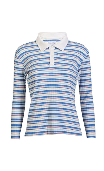 Natalia polo blouse - blue white rose stripe