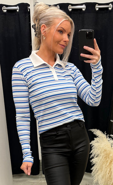 Natalia polo blouse - blue white rose stripe