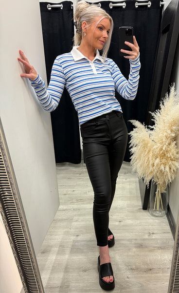 Natalia polo blouse - blue white rose stripe