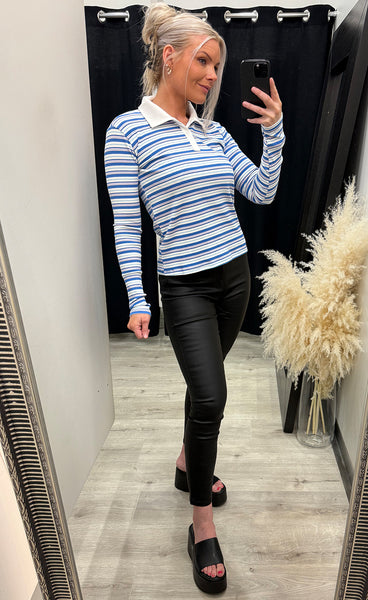 Natalia polo blouse - blue white rose stripe