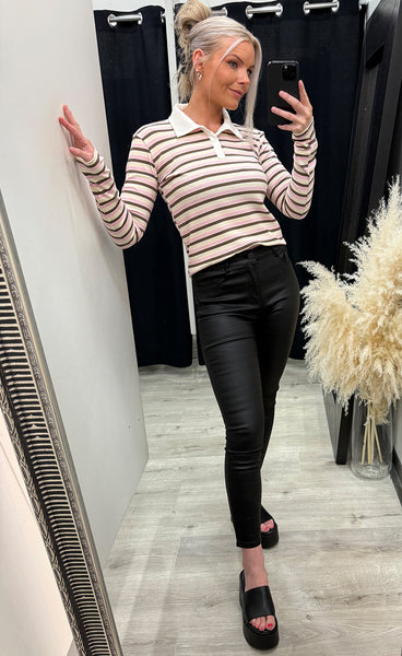 Natalia polo blouse - brown rose creme stripe