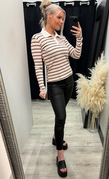Natalia polo blouse - brown rose creme stripe