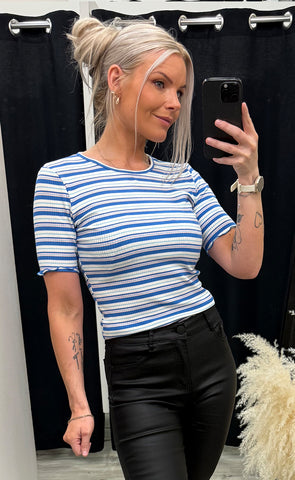 Natalia blouse - blue white rose stripe