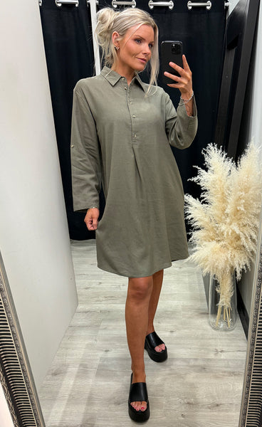 FRANSA Jett linen dress 1 - smokey olive