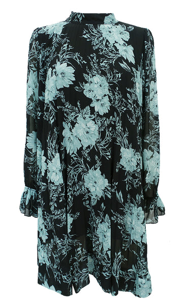 Kjóll m/blómum grænblár